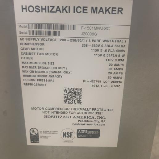 Hoshizaki FS-1501MLJ-C with SRC-14J, Cubelet Icemaker, Remote
